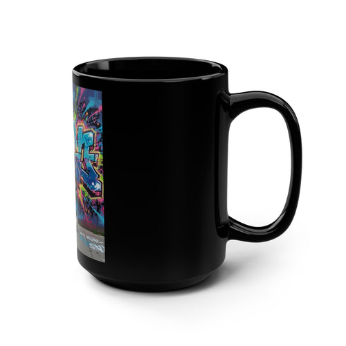 15oz Black Mug — Graffiti Street Art Design with Angry Stick Figure & "My Other Nosey" Slogan